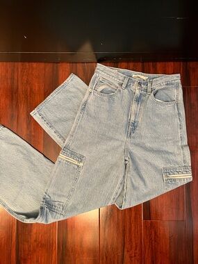 Levi's Denim Cargo Jeans Light Blue Wide Leg High Rise Loose Zipper Pockets 27